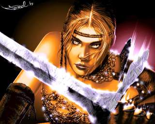 On the final image I finalized the colors, and the details with a lots light spots, etc. and I put my sign into the left image. (eg. The Original picture was made by Luis Royo / Secrets book)